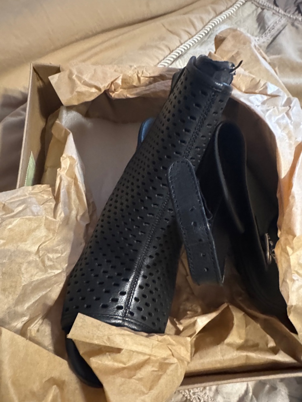 Lucky Brand Black Perforated Leather Peep-Toe Sandal Booties